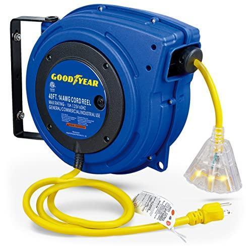 Goodyear Mountable Retractable Extension Cord Reel - 14AWG x 40' Ft, 3 Grounded Outlets, Max 13A Extension Cord Reels