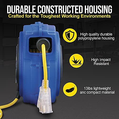 Goodyear Mountable Retractable Extension Cord Reel - 14AWG x 40' Ft, 3 Grounded Outlets, Max 13A Extension Cord Reels