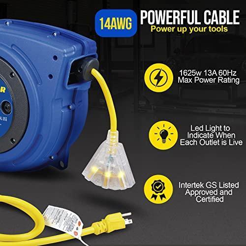 Goodyear Mountable Retractable Extension Cord Reel - 14AWG x 40' Ft, 3 Grounded Outlets, Max 13A Extension Cord Reels