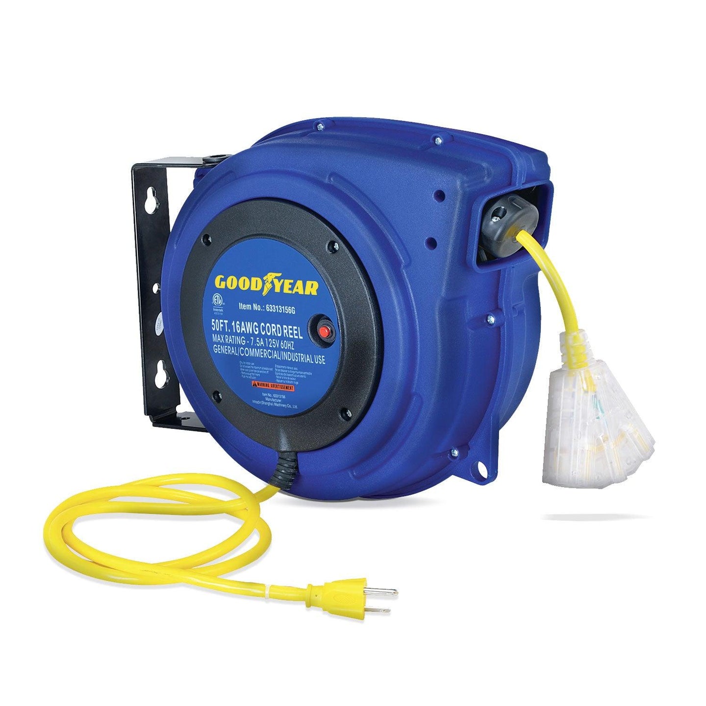 Goodyear Mountable Retractable Extension Cord Reel - 16AWG x 50' Ft, 3 Grounded Outlets, Max 15A Cord Reel