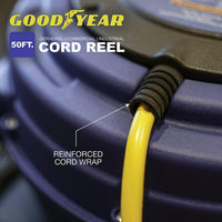 Goodyear Mountable Retractable Extension Cord Reel - 16AWG x 50' Ft, 3 Grounded Outlets, Max 15A Cord Reel