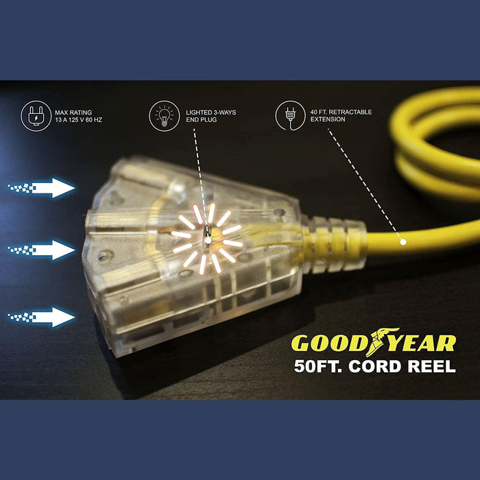 Goodyear Mountable Retractable Extension Cord Reel - 16AWG x 50' Ft, 3 Grounded Outlets, Max 15A Cord Reel