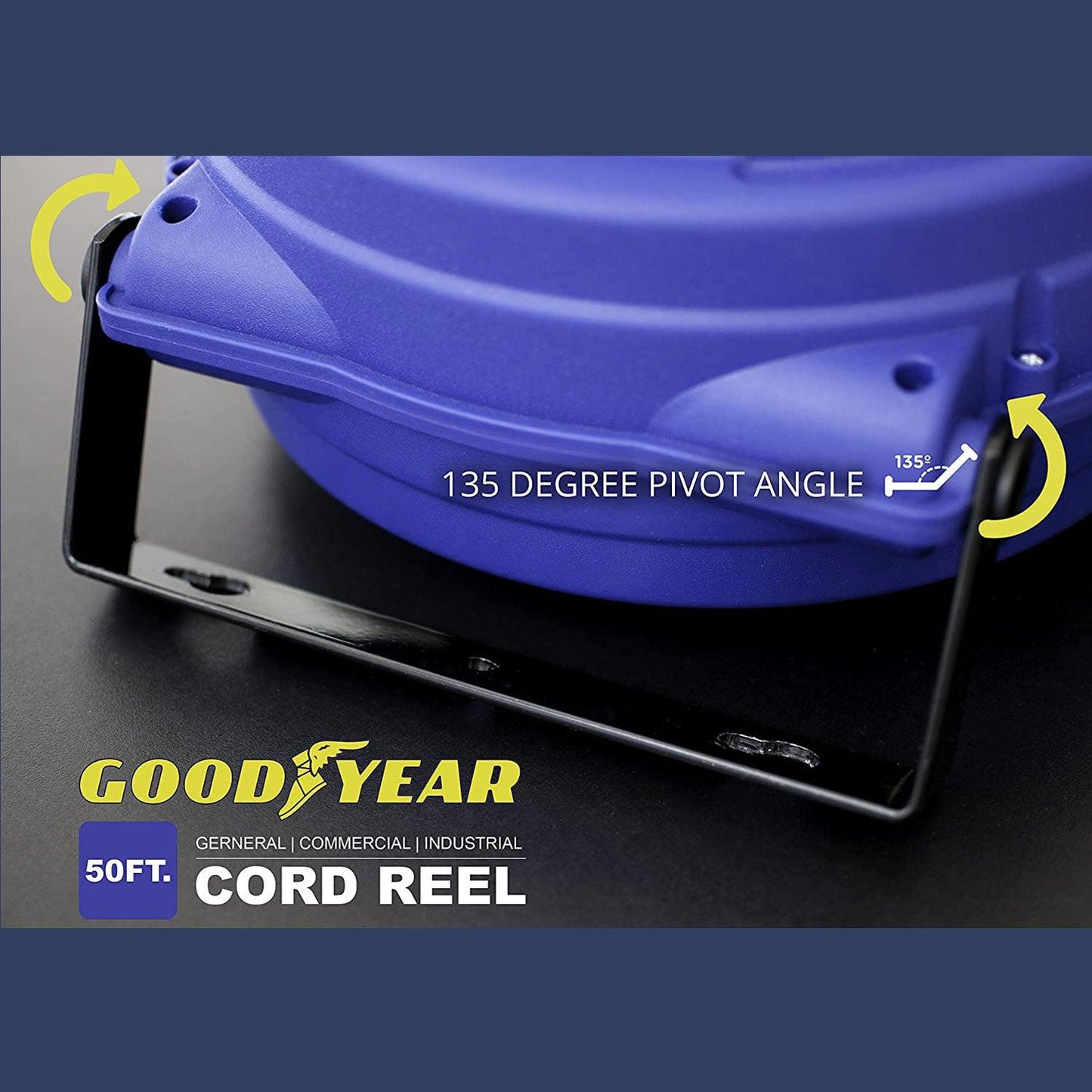 Goodyear Mountable Retractable Extension Cord Reel - 16AWG x 50' Ft, 3 Grounded Outlets, Max 15A Cord Reel
