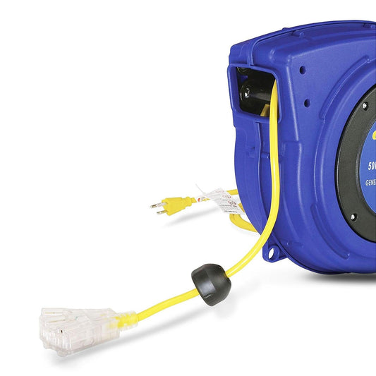 Goodyear Mountable Retractable Extension Cord Reel - 16AWG x 50' Ft, 3 Grounded Outlets, Max 15A