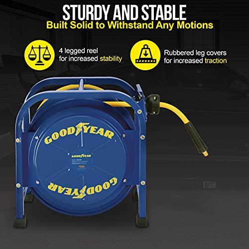 Goodyear Portable Industrial Retractable Air Hose Reel - 3/8" x 100' Ft, 3/8" MNPT Connections Air Hose Reel