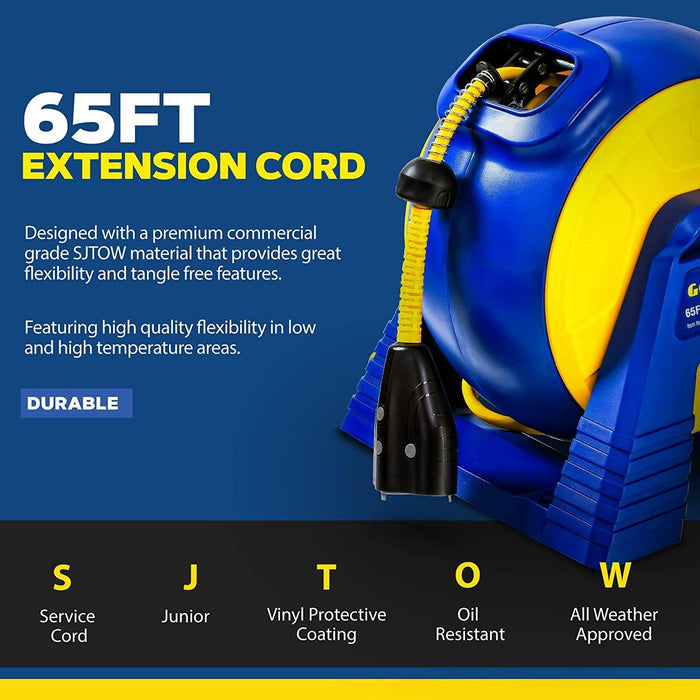 Goodyear Portable Retractable Extension Smart Cord Reel (Alexa, Google Home Enabled) - 14AWG x 65' Ft Cord Reel