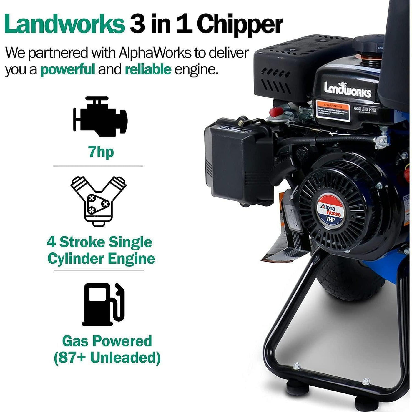 Landworks 3in1 Wood Chipper, Shredder, & Mulcher 7HP Engine 3" Max