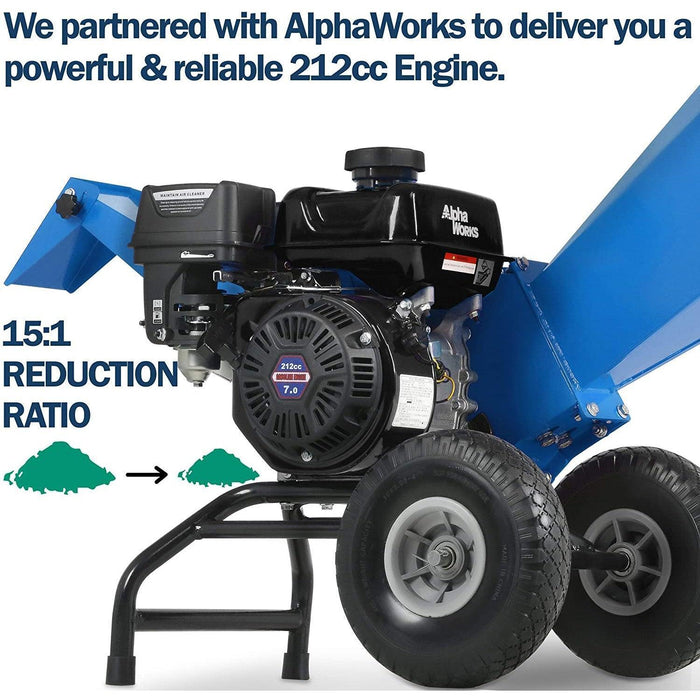Landworks Compact Wood Chipper - 7HP Gas Engine, Adjustable Exit Chute, 3" Max Branch Diameter (Blue) Wood Chipper
