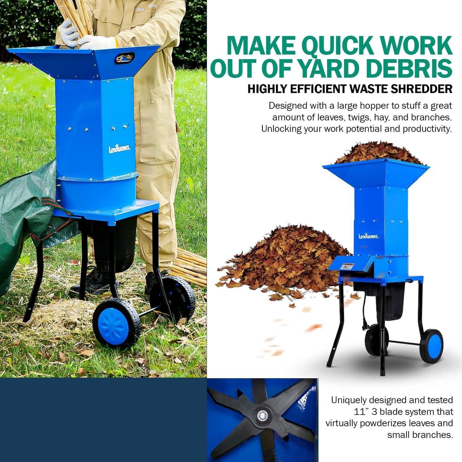 Landworks Electric Leaf Shredder & Mulcher 3 Steel Blades, 120V Cord