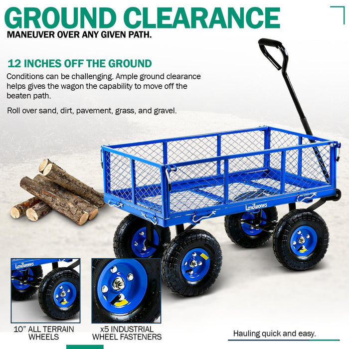 Landworks Heavy Duty Utility Wagon 400LB Capacity - For Hauling Wood,  Tools, & Materials (Blue)