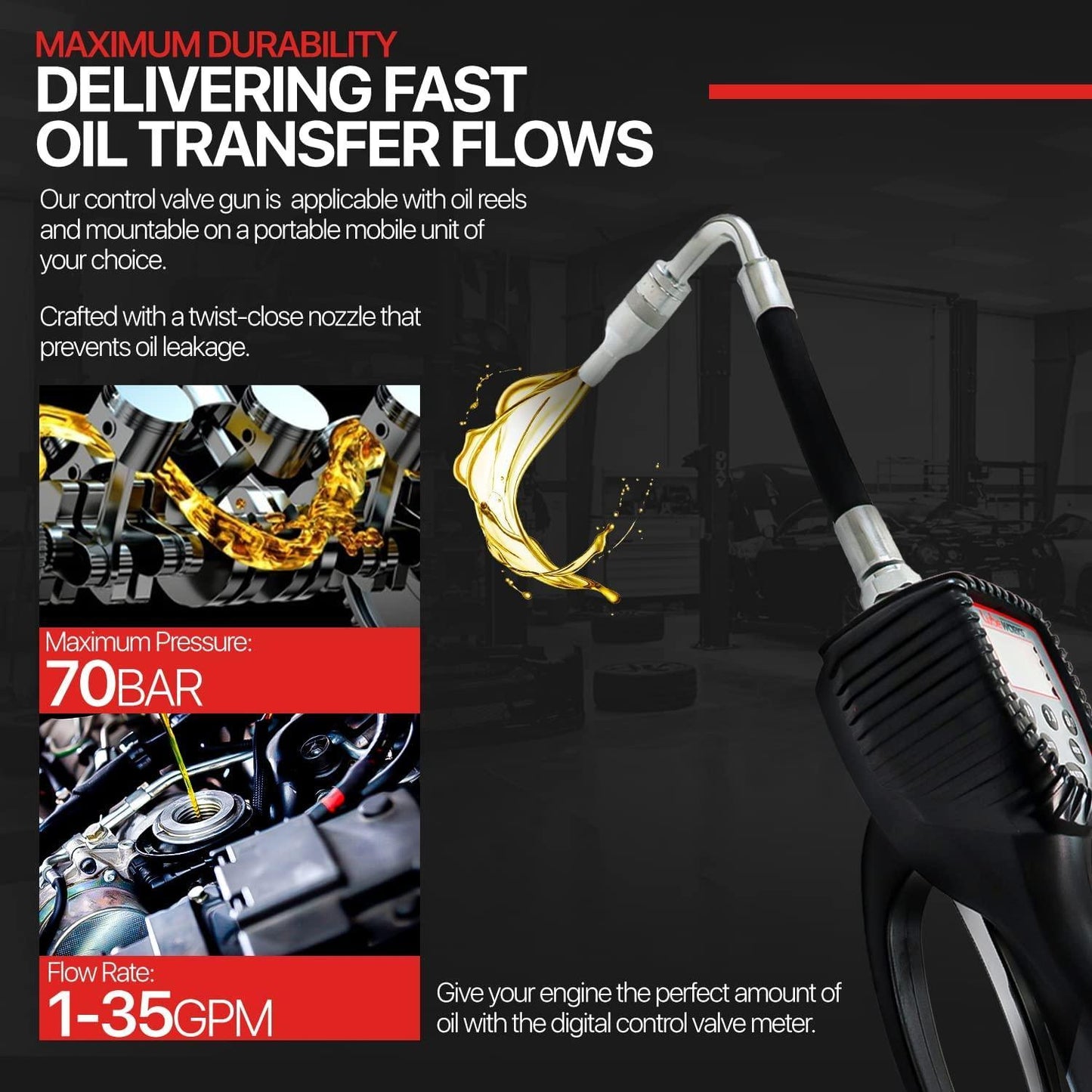 Lubeworks Oil Gun - 10GPM, 1/2" NPT Inlet, Flexible Nozzle & Locking Trigger Oil Gun