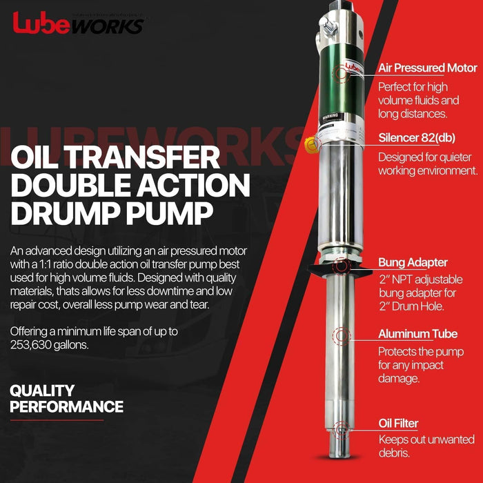 Lubeworks Oil Transfer Drum Pump Double Action 1:1 Fast High Flow Rate Oil Pump