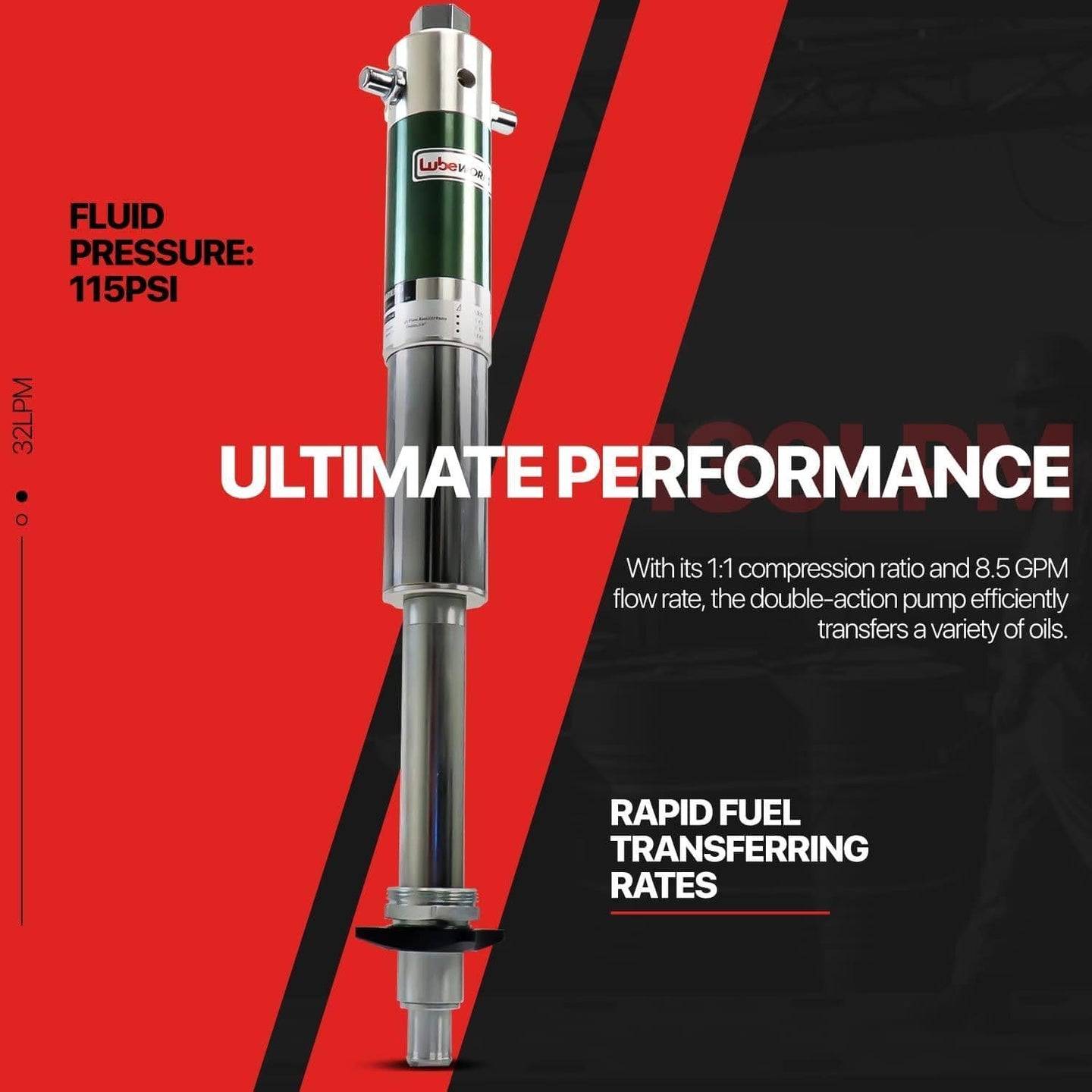 Lubeworks Oil Transfer Drum Pump Double Action 1:1 Fast High Flow Rate Oil Pump