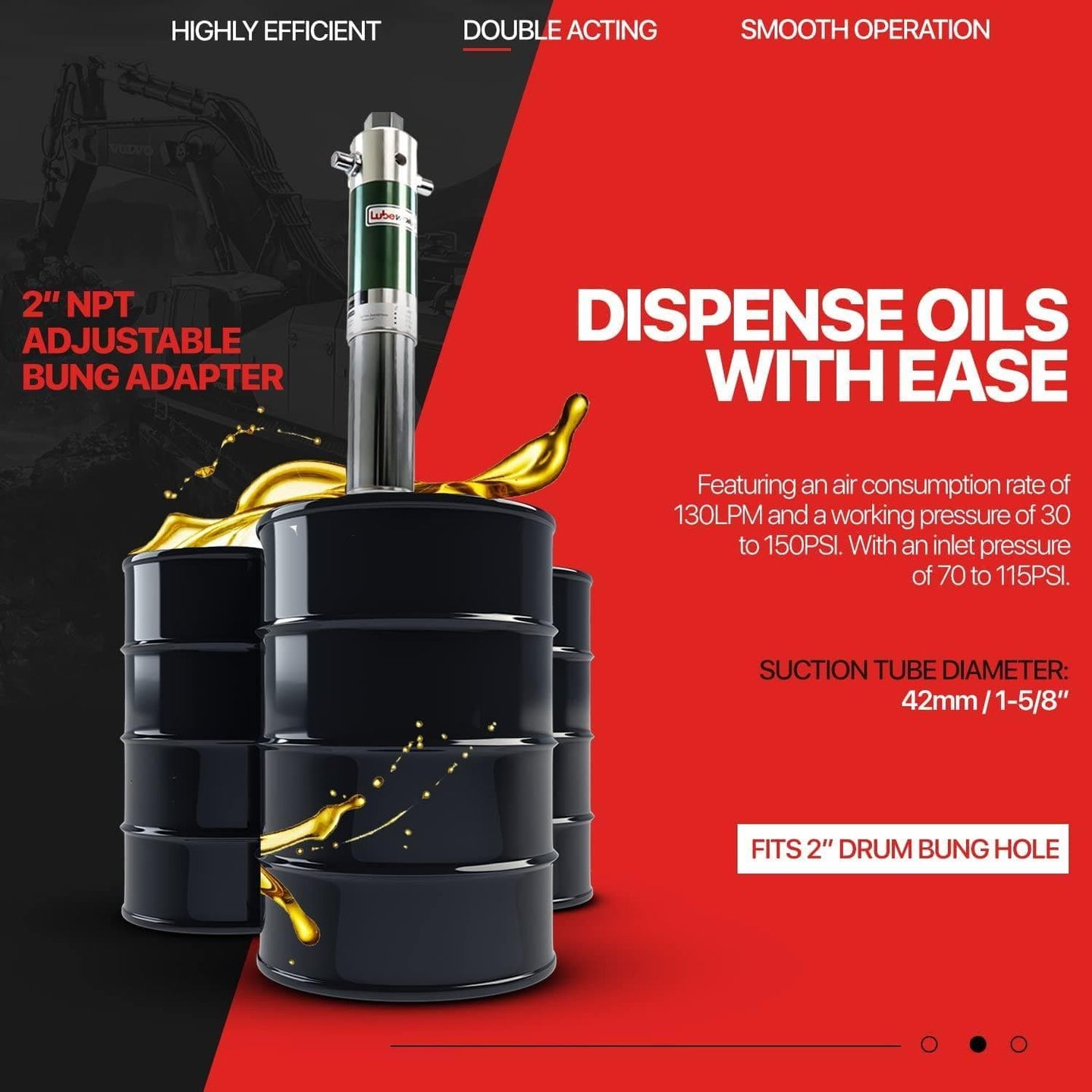 Lubeworks Oil Transfer Drum Pump Double Action 1:1 Fast High Flow Rate Oil Pump