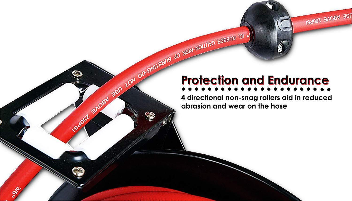 ReelWorks Industrial Retractable Air Hose Reel - 3/8" x  50'FT, 1/4" MNPT Connections, Single Arm Air Hose Reel