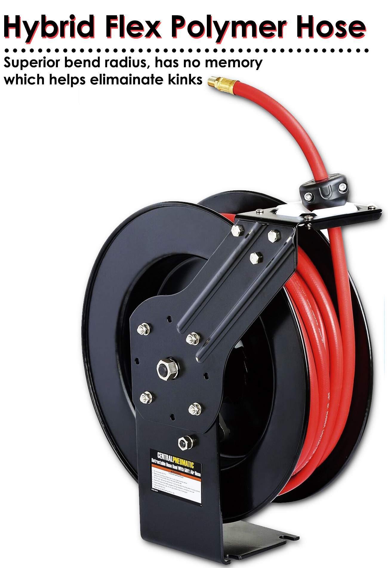 ReelWorks Industrial Retractable Air Hose Reel - 3/8" x  50'FT, 1/4" MNPT Connections, Single Arm Air Hose Reel