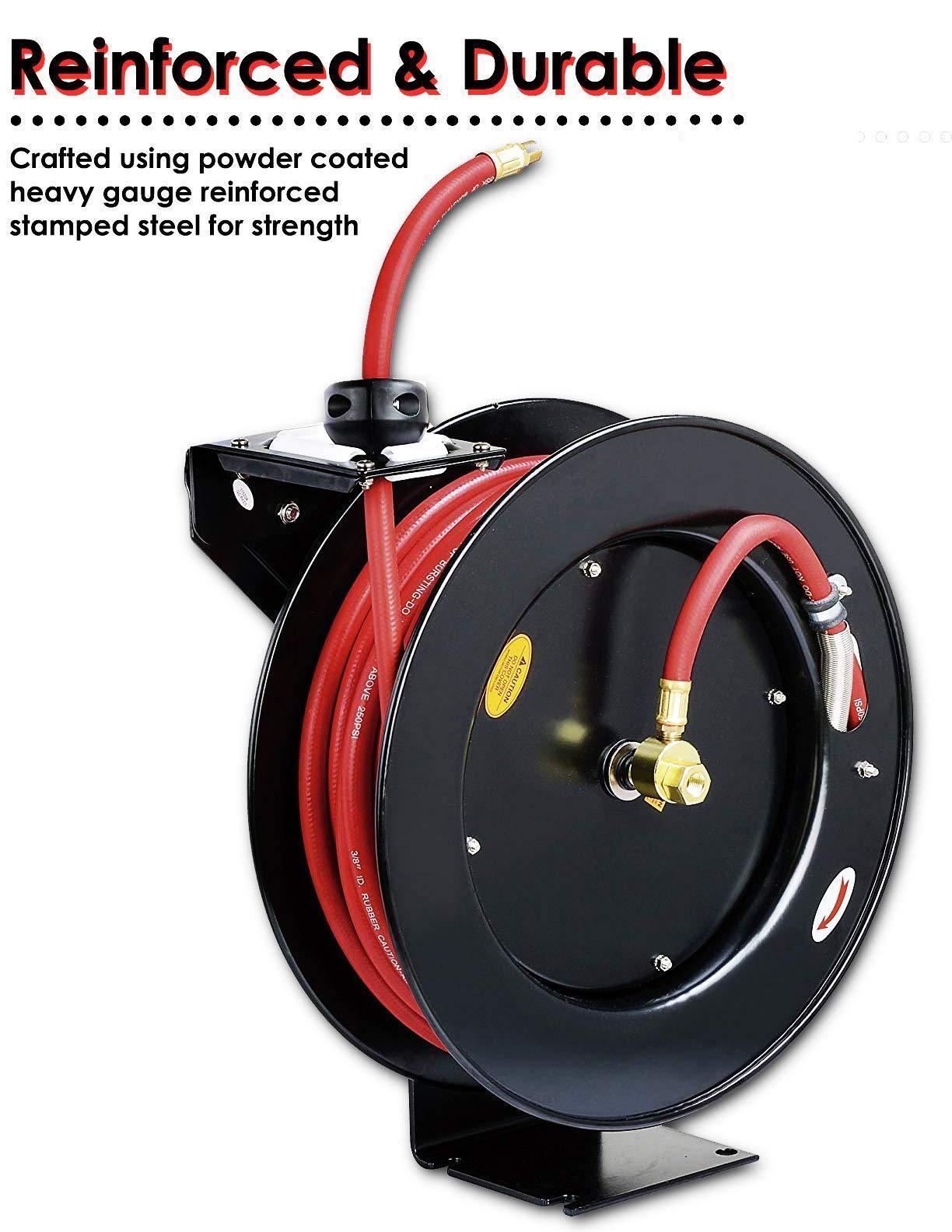 ReelWorks Industrial Retractable Air Hose Reel - 3/8" x  50'FT, 1/4" MNPT Connections, Single Arm Air Hose Reel