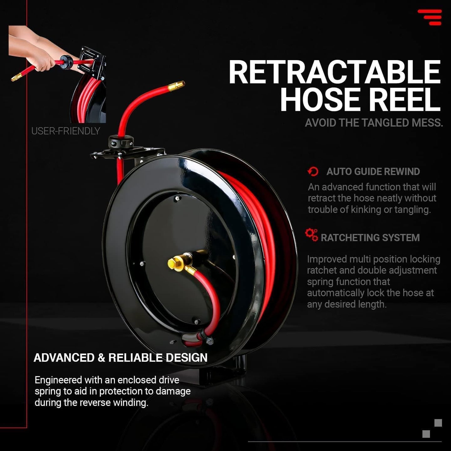 ReelWorks Industrial Retractable Air Hose Reel - 3/8" x 80' Ft, 300 PSI Max, 1/4" MNPT Connections, Single Arm Air Hose Reel