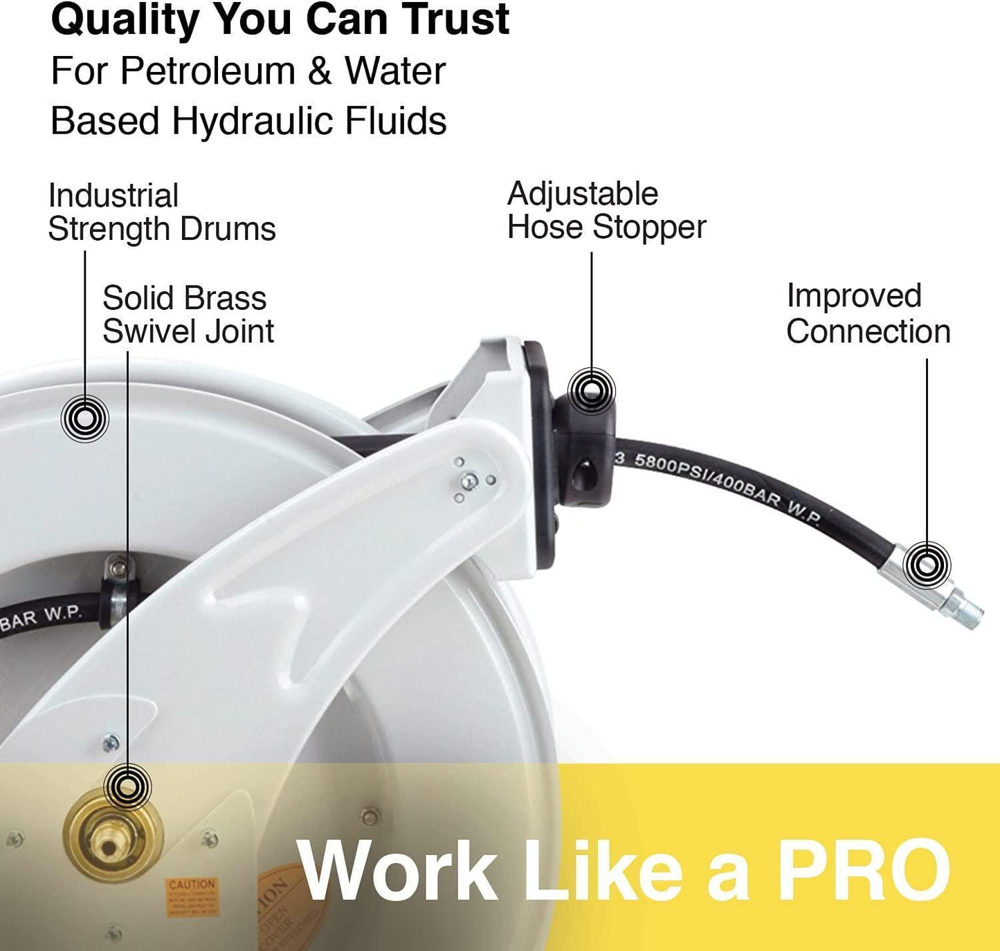 ReelWorks Industrial Retractable Grease Hose Reel - 1/4" x  50'FT, 1/4" MNPT Connections, Single Arm Grease Hose Reel