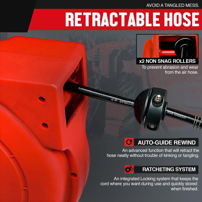 ReelWorks Mountable Retractable Air Hose Reel - 1/4" x 33'FT, 3' Ft Lead-In Hose, 1/4" NPT Connections Air Hose Reel