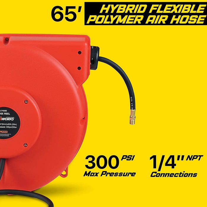 ReelWorks Mountable Retractable Air Hose Reel - 1/4" x  65'FT, 3' Ft Lead-In Hose, 1/4" NPT Connections Air Hose Reel