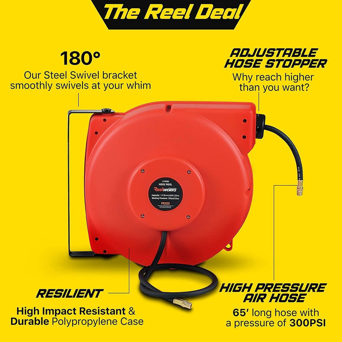ReelWorks Mountable Retractable Air Hose Reel - 1/4" x  65'FT, 3' Ft Lead-In Hose, 1/4" NPT Connections Air Hose Reel