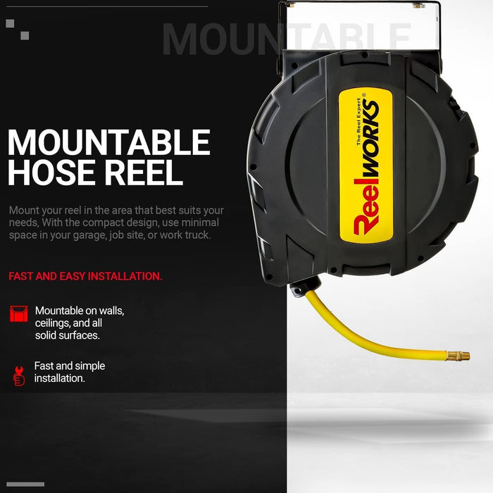 ReelWorks Mountable Retractable Air Hose Reel - 3/8" x 50'FT, 3' Ft Lead-In Hose, 1/4" NPT Connections Air Hose Reel