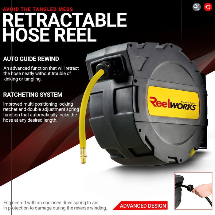 ReelWorks Mountable Retractable Air Hose Reel - 3/8 x 50'FT, 3