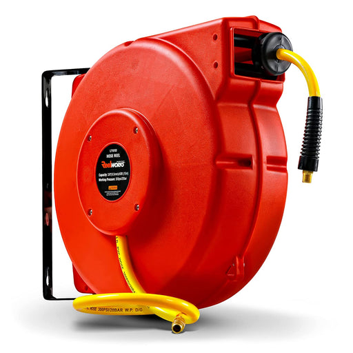 ReelWorks Mountable Retractable Air Hose Reel - 3/8" x 50' Ft, 3' Ft Lead-In Hose, 1/4" NPT Connections Air Hose Reel
