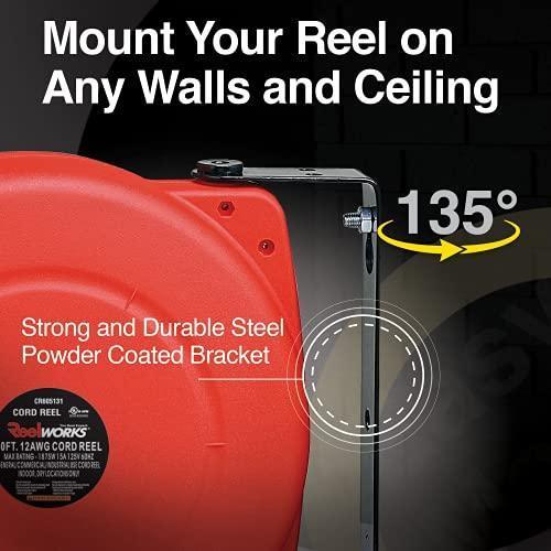 ReelWorks Mountable Retractable Extension Cord Reel - 12AWG x 40' Ft, 3 Grounded Outlets, Max 15A Cord Reel