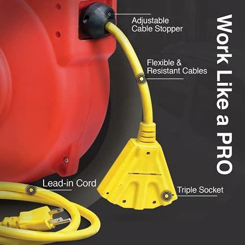 ReelWorks Mountable Retractable Extension Cord Reel - 12AWG x 40' Ft, 3 Grounded Outlets, Max 15A Cord Reel