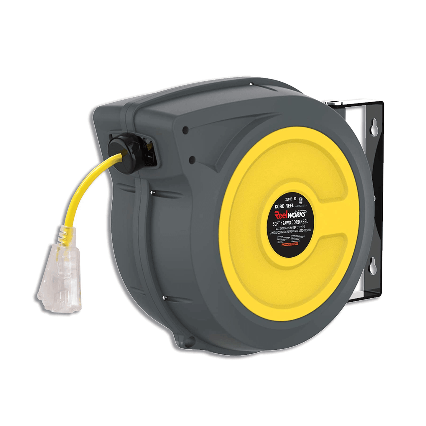ReelWorks Mountable Retractable Extension Cord Reel - 12AWG x 50' Ft, 3 Grounded Outlets, Max 15A Cord Reel