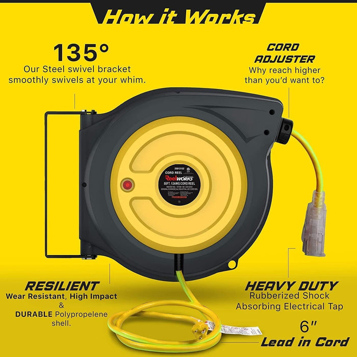 ReelWorks Mountable Retractable Extension Cord Reel - 12AWG x 50' Ft, 3 Grounded Outlets, Max 15A Cord Reel