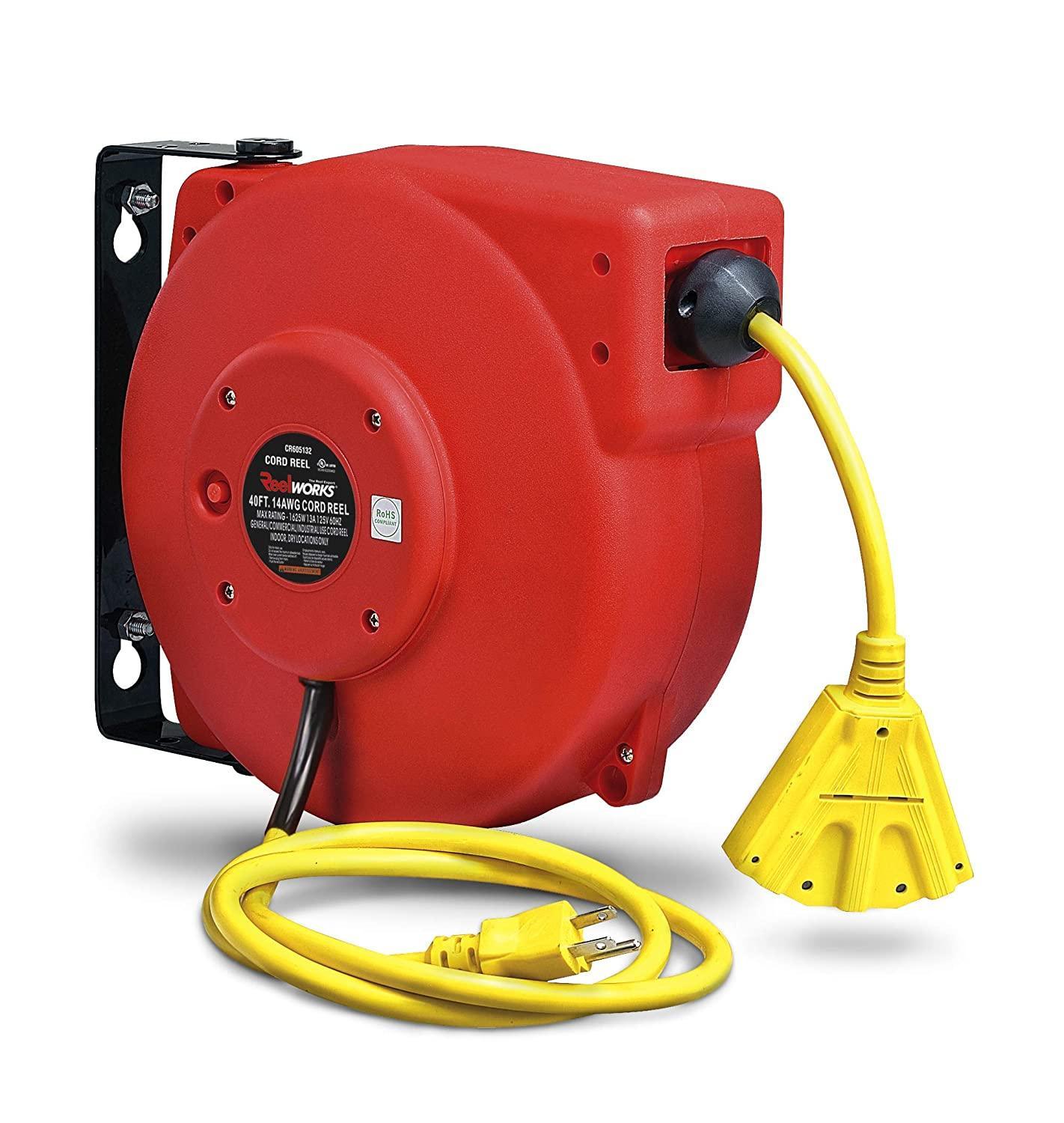 ReelWorks Mountable Retractable Extension Cord Reel - 14AWG x 40' Ft, 3 Grounded Outlets, Max 15A Cord Reel