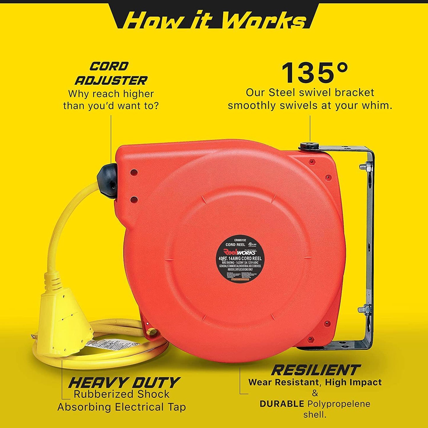 ReelWorks Mountable Retractable Extension Cord Reel - 14AWG x 40' Ft, 3 Grounded Outlets, Max 15A Cord Reel