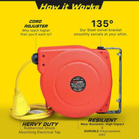ReelWorks Mountable Retractable Extension Cord Reel - 14AWG x 40' Ft, 3 Grounded Outlets, Max 15A Cord Reel