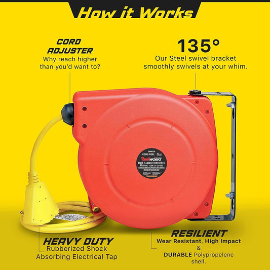 ReelWorks Mountable Retractable Extension Cord Reel - 14AWG x 40' Ft, 3 Grounded Outlets, Max 15A