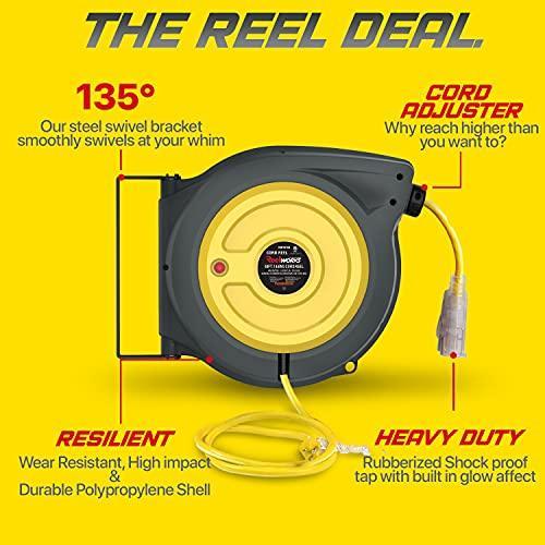 Reelworks Retractable Extension Cord Reel 14AWG x 50ft 3 Outlets