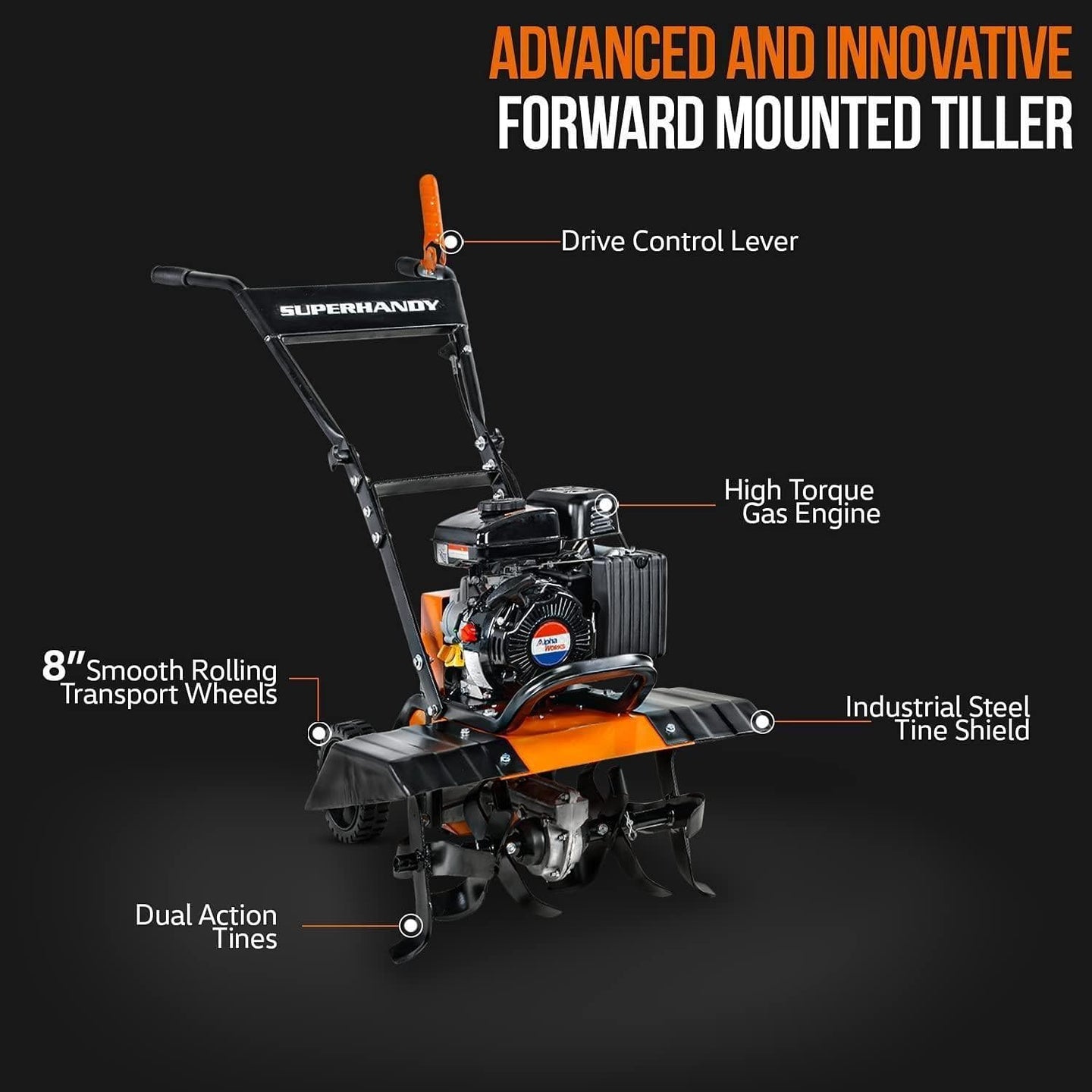 SuperHandy Heavy Duty Garden Tiller - 2.5HP Gas Engine, Adjustable Tines, 21" Tilling Width Tiller