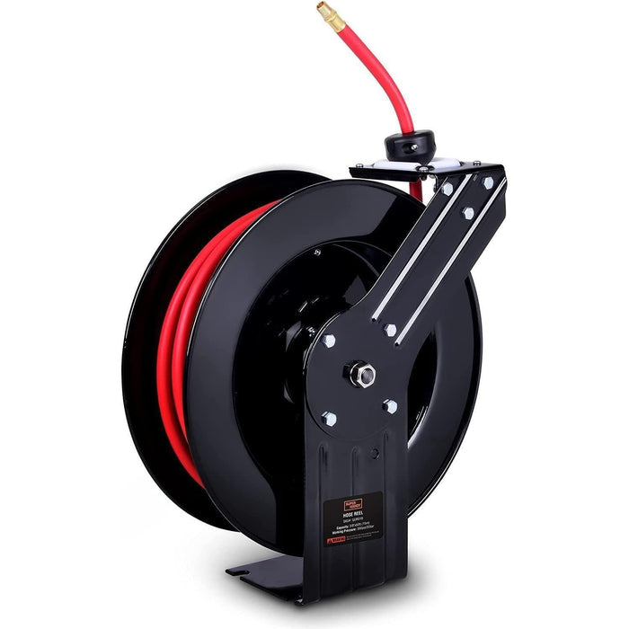 ReelWorks Air Hose Reel - Retractable 3/8 x 50' with 3' Lead-In Hose &  1/4 NPT Connections - Mountable