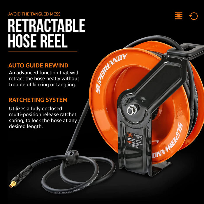 SuperHandy Industrial Retractable Air Hose Reel (Upgraded Design) - 3/8" x  50'FT, 1/4" NPT Connections, Single Arm Air Hose Reel