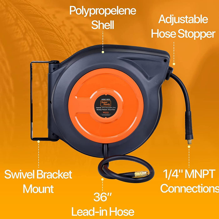 SuperHandy Mountable Retractable Air Hose Reel - 3/8 x 50'FT, 3' Ft  Lead-In Hose, 1/4 MNPT Connections