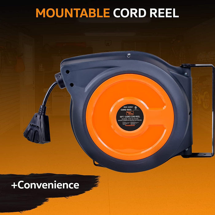 SuperHandy Mountable Retractable Extension Cord Reel - 12AWG x 65' Ft, 3 Grounded Outlets, Max 15A Cord Reel