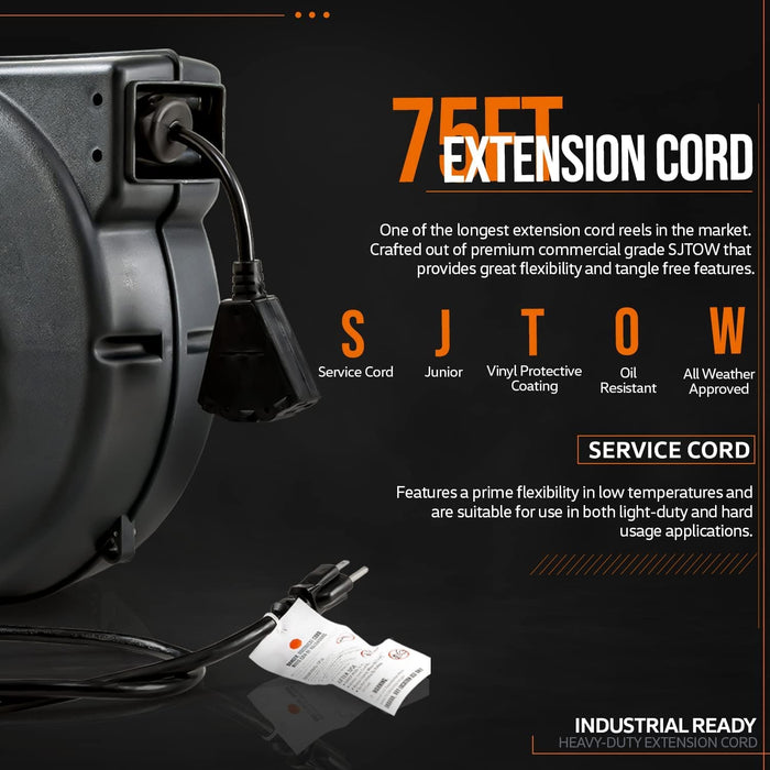 SuperHandy Extension Cord Reel - 12AWG x 75' ft, 15A