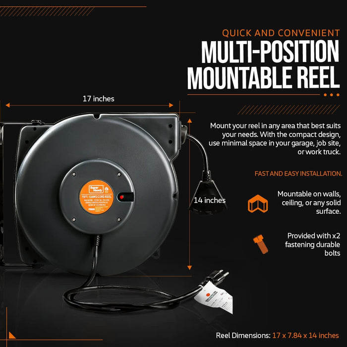 SuperHandy Mountable Retractable Extension Cord Reel - 12AWG x 75' Ft, 3  Grounded Outlets, Max 15A