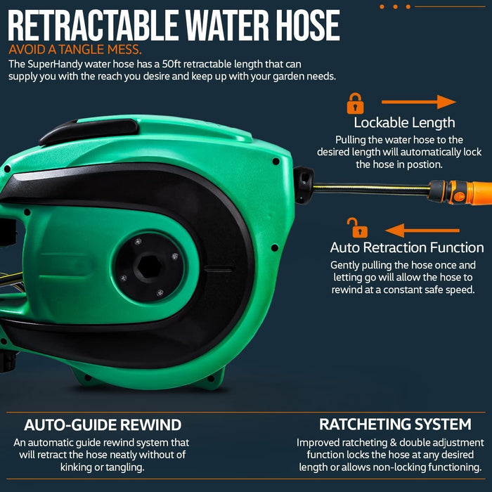 SuperHandy Mountable Retractable Water Hose Reel  - 1/2" x  50' Ft, 3/4" Female Threaded Connection Water Hose