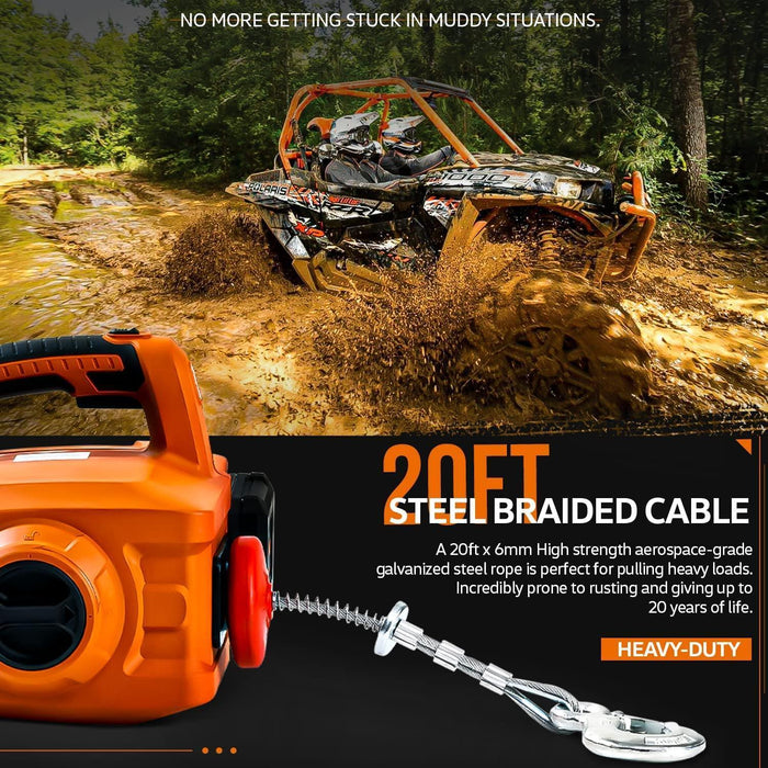 SuperHandy Portable Electric Winch - Braided Steel Cable, 1000LBS Max Load, 48V 2Ah Battery System Winch
