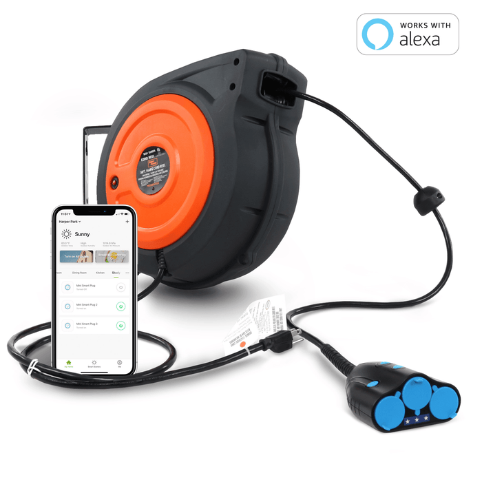 SuperHandy Retractable Extension Smart Cord Reel (Alexa, Google Home Enabled) - 14AWG x 50FT Cord Reel
